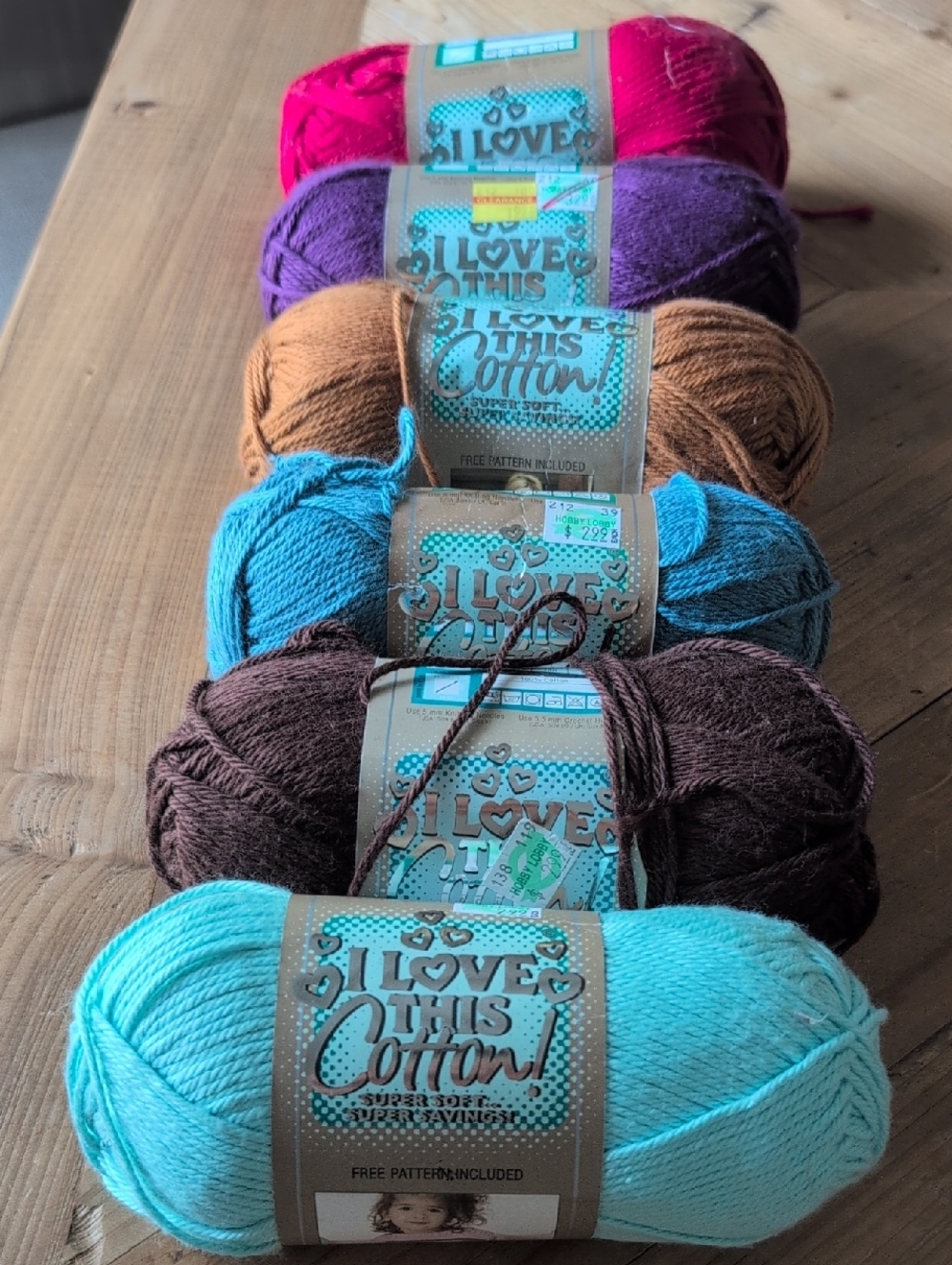 I Love This Cotton Yarn Bundle (6) - Aqua, Brown, Teal, Gold, Purple, Red